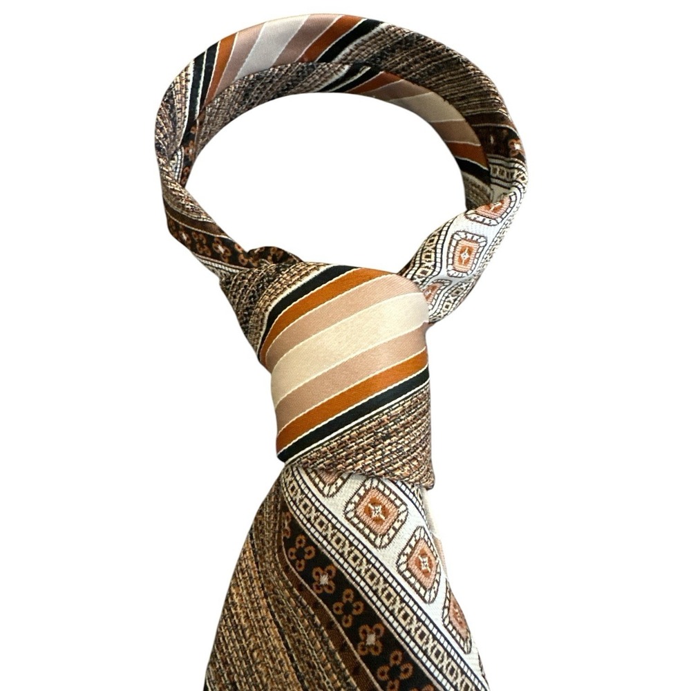 Vintage 1970s Geometric Necktie Wide Blade Brown Tan Mod Disco Era - Picture 4 of 5